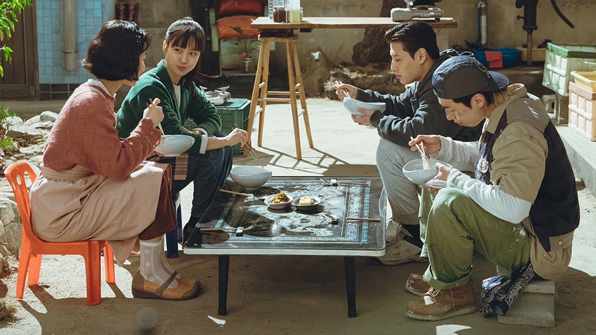Kim Shin Rok as Myung-sook, Go Min-si as Yeon-joo, Kang Ha-neul as Beom-woo, and Yoo Soo-bin as Chun Seung in Tastefully Yours (Image via Instagram/@channel.ena.d)